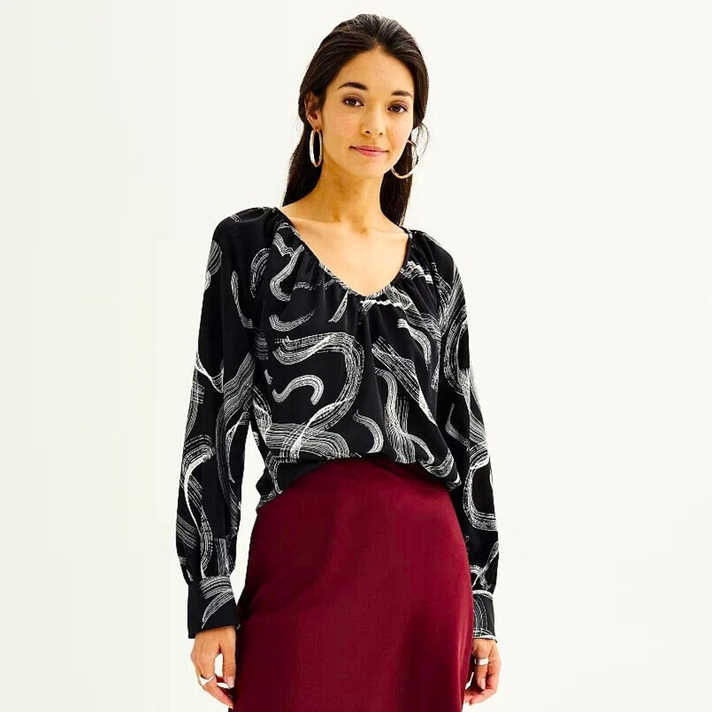 Women's Nine West Blouson V-Neck Blouse work business black & white EUC